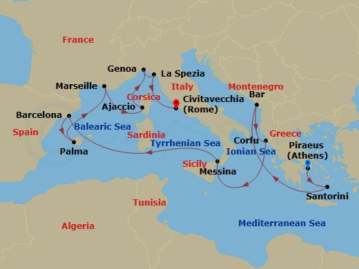 14 Night - Western Mediterranean with Greece & Italy - Sun Princess - Starting in Athens (Piraeus), Greece, Santorini, Greece, Montenegro, Corfu, Greece, Sicily (Messina), Italy, Barcelona, Spain, Mallorca (Palma), Spain, Marseille (Provence), France, Corsica (Ajaccio), France, Genoa (for Cinque Terre), Italy, La Spezia (for Florence / Pisa), Italy, Civitavecchia (for Rome), Italy itinerary map