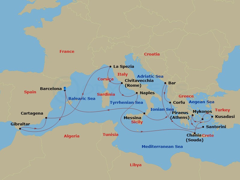 21 Night - The Best of the Mediterranean with Total Solar Eclipse - Sun Princess - Starting in Barcelona, Spain, Gibraltar, Cartagena ES, La Spezia (for Florence / Pisa), Italy, Civitavecchia (for Rome), Italy, Naples, Italy (for Capri and Pompeii), Crete (Chania), Greece, Kusadasi, Turkey (for Ephesus), Mykonos, Greece, Athens (Piraeus), Greece, Santorini, Greece, Montenegro, Corfu, Greece, Sicily (Messina), Italy, Barcelona, Spain itinerary map
