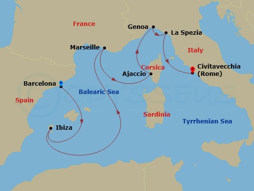 7 Night - Western Mediterranean with Italy - Sun Princess - Starting in Barcelona, Spain, Ibiza, Spain, Marseille (Provence), France, Corsica (Ajaccio), France, Genoa (for Cinque Terre), Italy, La Spezia (for Florence / Pisa), Italy, Civitavecchia (for Rome), Italy itinerary map