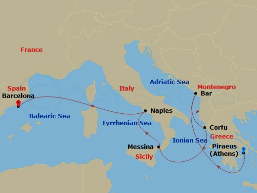 7 Night - Mediterranean with Greece & Italy - Sun Princess - Starting in Athens (Piraeus), Greece, Montenegro, Corfu, Greece, Sicily (Messina), Italy, Naples, Italy (for Capri and Pompeii), Barcelona, Spain itinerary map
