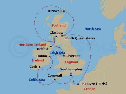 12 Night - British Isles with France & Belfast - Majestic Princess - Starting in Southampton (for London), England, Cornwall (Falmouth), England, Cork, Ireland (Cobh / for Blarney Castle), Dublin (Dun Laoghaire), Ireland, Liverpool, England, Belfast, Northern Ireland, Glasgow (Greenock), Scotland, Orkney Islands (Kirkwall), Scotland, Edinburgh (South Queensferry), Scotland, Le Havre (for Paris / Normandy), France, Southampton (for London), England itinerary map