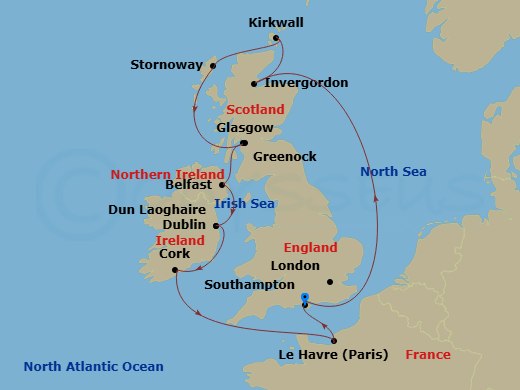 12 Night - British Isles with France & Belfast - Majestic Princess - Starting in Southampton (for London), England, Invergordon, Scotland, Orkney Islands (Kirkwall), Scotland, Stornoway, Scotland, Glasgow (Greenock), Scotland, Belfast, Northern Ireland, Dublin (Dun Laoghaire), Ireland, Cork, Ireland (Cobh / for Blarney Castle), Le Havre (for Paris / Normandy), France, Southampton (for London), England itinerary map