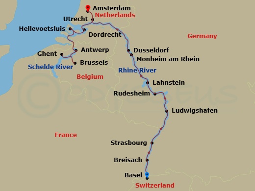 14 Night - City Escapes : Grand Rhine & Dutch Canals - AmaVenita - Starting in Basel, Breisach, Strasbourg, Ludwigshafen, Rudesheim, Rhine Gorge, Lahnstein, Monheim, Dusseldorf, Utrecht, Amsterdam, Utrecht, Hellevoetsluis, Ghent, Brussels, Antwerp, Dordrecht, Amsterdam itinerary map
