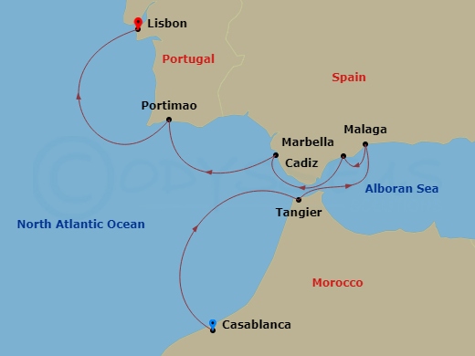 7 Night - Cruising from Morocco to Spain's Andalusian Coast - with Smithsonian Journeys - Le Champlain - Starting in Casablanca, Tangier, Malaga, Marbella, Cadiz, Portimao, Lisbon itinerary map