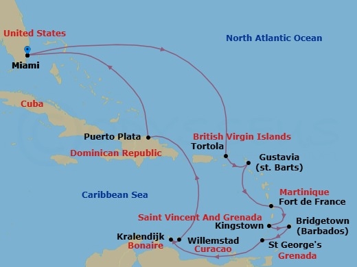 15 Night - Cultural Currents - Seven Seas Mariner - Starting in Miami, Cruising the Atlantic Ocean, Tortola, Gustavia, Fort-de-France, Kingstown, Bridgetown, St Georges, Cruising the Caribbean Sea, Willemstad AN, Bonaire (Kralendijk), Cruising the Caribbean Sea, Puerto Plata, Dominican Republic, Cruising the Atlantic Ocean, Miami itinerary map