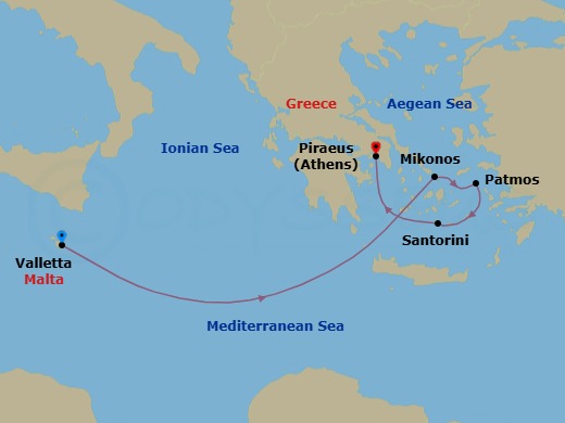 5 Night - A Journey to the Aegean's Sacred and Sunlit Isles - EXPLORA II - Starting in La Valletta, Mykonos, Patmos, Santorini, Piraeus (Athens) itinerary map