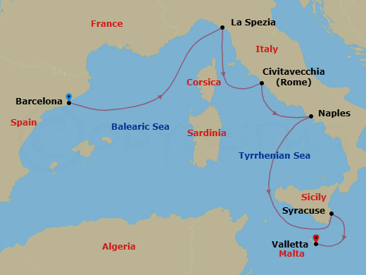 6 Night - A Journey of Layers, Light and Living History - EXPLORA II - Starting in Barcelona, La Spezia, Civitavecchia (Rome), Port of Naples, Siracusa (Sicily), La Valletta itinerary map
