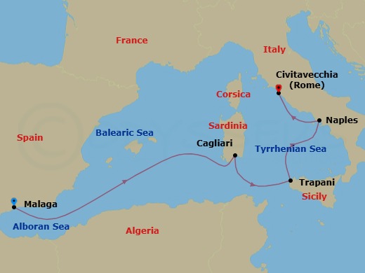 6 Night - A Journey from the Rhythms of Andalusia to Italy's Cherished Islands - EXPLORA II - Starting in Malaga, Spain, Sardinia / Cagliari, Trapani (Sicily), Port of Naples, Civitavecchia (Rome) itinerary map