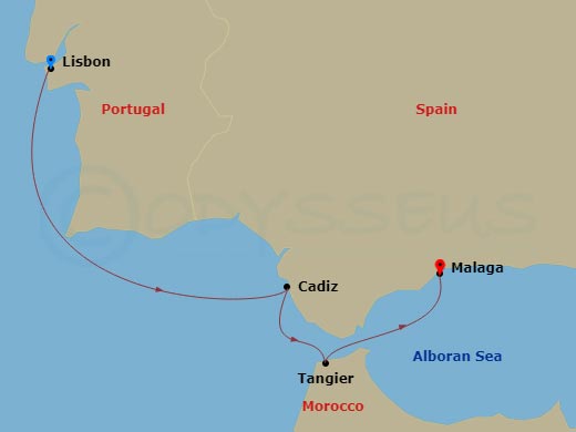 4 Night - A Journey from Lisbon's Light to Andalusia and Morocco's Cultural Crossroads - EXPLORA II - Starting in Lisbon, Cadiz, Tangier, Malaga, Spain itinerary map