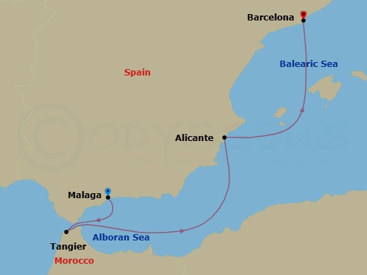 4 Night - A Journey of Iberian Light and Moroccan Intrigue - EXPLORA II - Starting in Malaga, Spain, Tangier, Alicante, Barcelona itinerary map