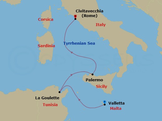 4 Night - A Journey of Crossroads, Culture and Eternal Echoes - EXPLORA II - Starting in La Valletta, Tunis / La Goulette, Palermo (Sicily), Civitavecchia (Rome) itinerary map