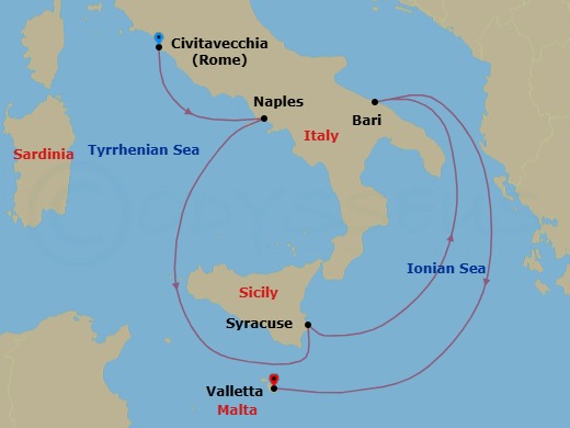6 Night - A Journey Through Southern Italian Piazzas, Sicily and Malta's Historic Shores - EXPLORA II - Starting in Civitavecchia (Rome), Port of Naples, Siracusa (Sicily), Bari, La Valletta itinerary map