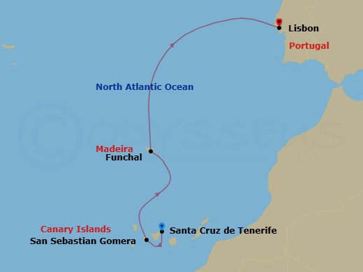 5 Night - A Journey from Atlantic Isles to Lisbon's Maritime Grace - EXPLORA II - Starting in Santa Cruz de Tenerife, San Sebastian De La Gomera, Funchal (Madeira), Lisbon itinerary map