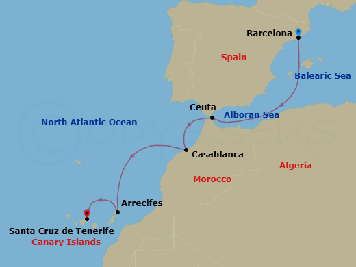 7 Night - A Journey from Mediterranean Shores to Morocco and the Canary Islands - EXPLORA II - Starting in Barcelona, Ceuta, Casablanca, Arrecife (Lanzarote), Santa Cruz de Tenerife itinerary map