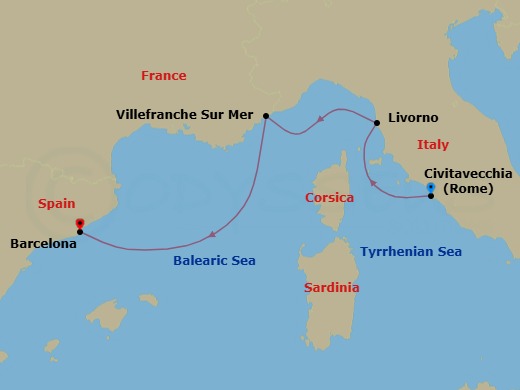4 Night - A Journey from Italy's Cultural Heart to the Western Mediterranean - EXPLORA II - Starting in Civitavecchia (Rome), Livorno (Florence), Villefranche-Sur-Mer (Nice), Barcelona itinerary map