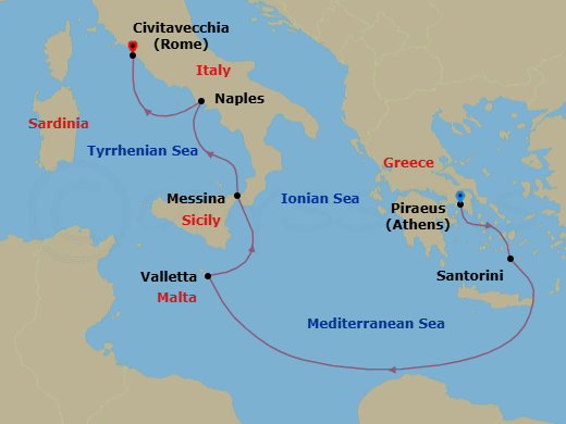6 Night - A Journey from the Aegean to Italy's Timeless Shores - EXPLORA II - Starting in Piraeus (Athens), Santorini, La Valletta, Messina (Sicily), Port of Naples, Civitavecchia (Rome) itinerary map