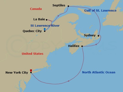 7 Night - A Journey from Eastern Canada to New York's Atlantic Gateway - EXPLORA III - Starting in Quebec City, La Baie (Saguenay), Sept-Iles, Sydney CA, Halifax, New York City itinerary map