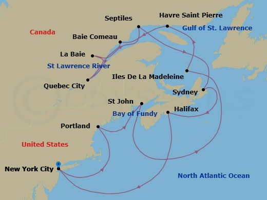 15 Night - A Journey from New York to Canada's Wild Atlantic Shores - EXPLORA III - Starting in New York City, Portland ME, Saint John NB (Bay of Fundy), Iles De La Madeleine, Havre-Saint-Pierre, Baie-Comeau, Quebec City, La Baie (Saguenay), Sept-Iles, Sydney CA, Halifax, New York City itinerary map
