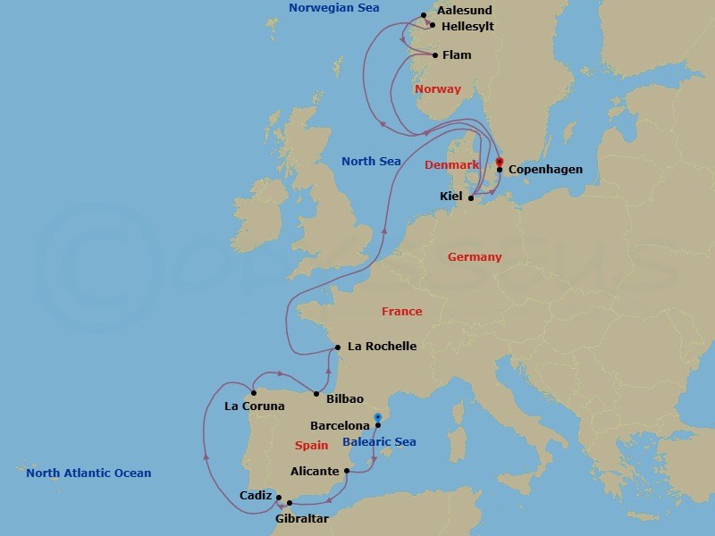 18 Night - Northern Europe - MSC Euribia - Starting in Barcelona, Spain, Alicante, Spain, Gibraltar, Cadiz (Seville), Spain, La Coruna (Santiago De Compostela), Spain, Bilbao, Spain, La Rochelle, France, Kiel, Germany, Copenhagen, Denmark, Hellesylt, Norway, Alesund, Norway, Flam, Norway, Kiel, Germany, Copenhagen, Denmark itinerary map