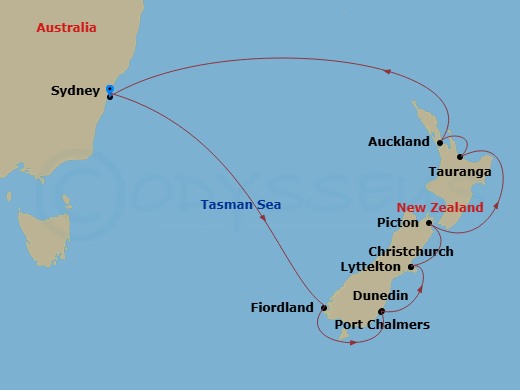 13 Night - New Zealand - Royal Princess - Starting in Sydney AU, Fiordland National Park (Scenic Cruising), Dunedin (Port Chalmers), New Zealand, Christchurch (Lyttelton), New Zealand, Picton, New Zealand, Tauranga, New Zealand, Auckland, New Zealand, Sydney AU itinerary map
