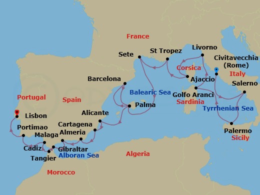 20 Night - Summer Splendor - Oceania Nautica - Starting in Rome (Civitavecchia), Salerno, Palermo (Sicily), Golfo Aranci, Florence / Pisa / Tuscany (Livorno), Ajaccio (Corsica), Saint-Tropez, Sete, Palma De Mallorca, Barcelona, Palma De Mallorca, Alicante, Cartagena ES, Almeria, Malaga, Gibraltar, Tangier, Seville (Cadiz), Portimao, Lisbon itinerary map