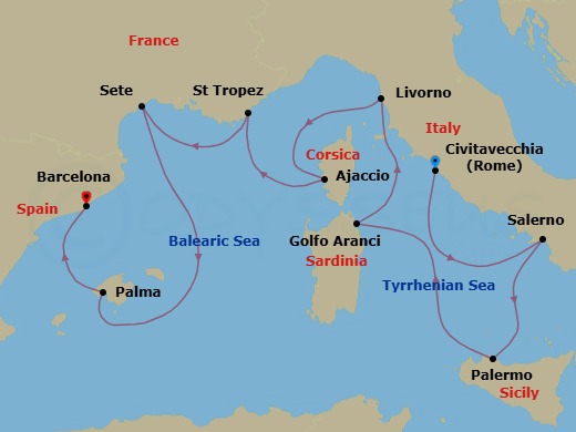 10 Night - Renaissance & Rivieras - Oceania Nautica - Starting in Rome (Civitavecchia), Salerno, Palermo (Sicily), Golfo Aranci, Florence / Pisa / Tuscany (Livorno), Ajaccio (Corsica), Saint-Tropez, Sete, Palma De Mallorca, Barcelona itinerary map