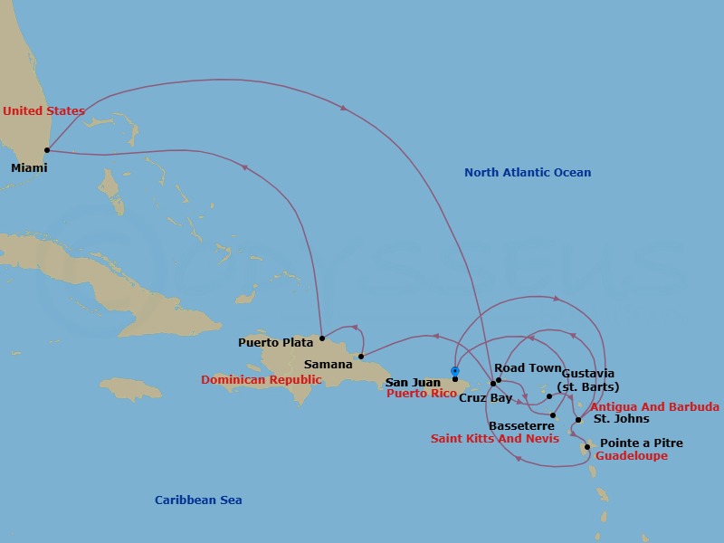 16 Night - An Extended Journey of Caribbean Celebrations & Tropical Idylls - EXPLORA III - Starting in San Juan, St Johns AG, Antigua, Pointe-a-Pitre, St John VI (Cruz Bay), US Virgin Islands, New Year Fireworks Sju, Samana, Puerto Plata, Dominican Republic, Miami, St John VI (Cruz Bay), US Virgin Islands, Gustavia, St Johns AG, Antigua, Tortola / Road Town, Basseterre, San Juan itinerary map