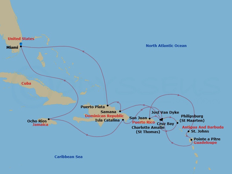16 Night - An Extended Journey Through Caribbean Rhythms and Festive Island Nights - EXPLORA III - Starting in Miami, Ocho Rios, Jamaica, Isla Catalina, Jost Van Dyke, St Maarten / Philipsburg, Charlotte Amalie (Saint Thomas), San Juan, St Johns AG, Antigua, Pointe-a-Pitre, St John VI (Cruz Bay), US Virgin Islands, New Year Fireworks Sju, Samana, Puerto Plata, Dominican Republic, Miami itinerary map