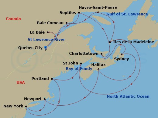 17 Night - An Extended Journey Through North American Coastal Treasures & Urban Wonders - EXPLORA III - Starting in Quebec City, La Baie (Saguenay), Sept-Iles, Charlottetown, Prince Edward Island, Sydney CA, Halifax, Newport, New York City, Portland ME, Saint John NB (Bay of Fundy), Iles De La Madeleine, Havre-Saint-Pierre, Baie-Comeau, Quebec City itinerary map