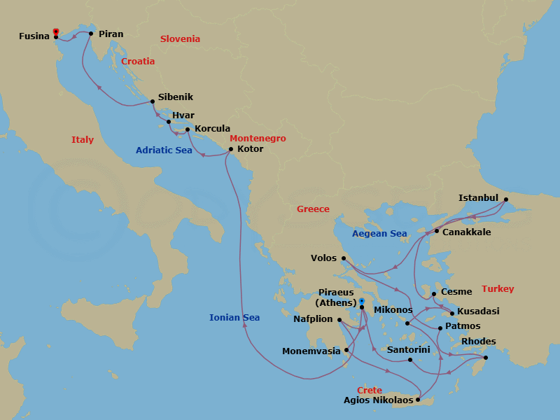 22 Night - Mediterranean Mosaic : Greek Isles, Ephesus & Croatia - Seabourn Ovation - Starting in Piraeus (Athens), Greece, Monemvasia, Greece, Agios Nikolaos, Crete, Greece, Mykonos, Greece, Kusadasi (Ephesus), Turkey, Cesme, Turkey, Istanbul, Turkey, Canakkale, Turkey, Volos, Greece, Patmos, Greece, Rhodes, Greece, Santorini, Greece, Piraeus (Athens), Greece, Nafplion, Greece, Kotor, Montenegro, Korcula, Croatia, Hvar, Croatia, Vodice (Sibenik), Croatia, Piran, Slovenia, Fusina (Venice), Italy itinerary map