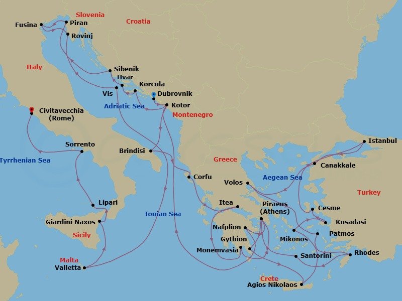 37 Night - Ultimate Mediterranean : Italy & the Dalmatian Coast - Seabourn Ovation - Starting in Dubrovnik, Croatia, Kotor, Montenegro, Brindisi (Lecce), Italy, Corfu, Greece, Itea (Delphi), Greece, Gythion (Sparta), Greece, Piraeus (Athens), Greece, Monemvasia, Greece, Agios Nikolaos, Crete, Greece, Mykonos, Greece, Kusadasi (Ephesus), Turkey, Cesme, Turkey, Istanbul, Turkey, Canakkale, Turkey, Volos, Greece, Patmos, Greece, Rhodes, Greece, Santorini, Greece, Piraeus (Athens), Greece, Nafplion, Greece, Kotor, Montenegro, Korcula, Croatia, Hvar, Croatia, Vodice (Sibenik), Croatia, Piran, Slovenia, Fusina (Venice), Italy, Rovinj, Croatia, Vis Island, Croatia, Valletta, Malta, Giardini Naxos (Taormina), Italy, Lipari, Italy, Sorrento, Italy, Civitavecchia (Rome), Italy itinerary map