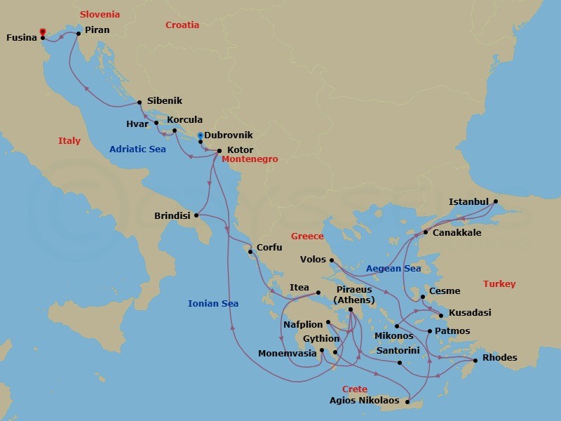29 Night - Mediterranean Medley : Italy, Turkey, Greece & Balkans - Seabourn Ovation - Starting in Dubrovnik, Croatia, Kotor, Montenegro, Brindisi (Lecce), Italy, Corfu, Greece, Itea (Delphi), Greece, Gythion (Sparta), Greece, Piraeus (Athens), Greece, Monemvasia, Greece, Agios Nikolaos, Crete, Greece, Mykonos, Greece, Kusadasi (Ephesus), Turkey, Cesme, Turkey, Istanbul, Turkey, Canakkale, Turkey, Volos, Greece, Patmos, Greece, Rhodes, Greece, Santorini, Greece, Piraeus (Athens), Greece, Nafplion, Greece, Kotor, Montenegro, Korcula, Croatia, Hvar, Croatia, Vodice (Sibenik), Croatia, Piran, Slovenia, Fusina (Venice), Italy itinerary map