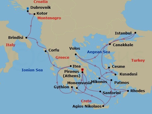21 Night - Mediterranean Mosaic : Italy, Ephesus & Greece - Seabourn Ovation - Starting in Dubrovnik, Croatia, Kotor, Montenegro, Brindisi (Lecce), Italy, Corfu, Greece, Itea (Delphi), Greece, Gythion (Sparta), Greece, Piraeus (Athens), Greece, Monemvasia, Greece, Agios Nikolaos, Crete, Greece, Mykonos, Greece, Kusadasi (Ephesus), Turkey, Cesme, Turkey, Istanbul, Turkey, Canakkale, Turkey, Volos, Greece, Patmos, Greece, Rhodes, Greece, Santorini, Greece, Piraeus (Athens), Greece itinerary map