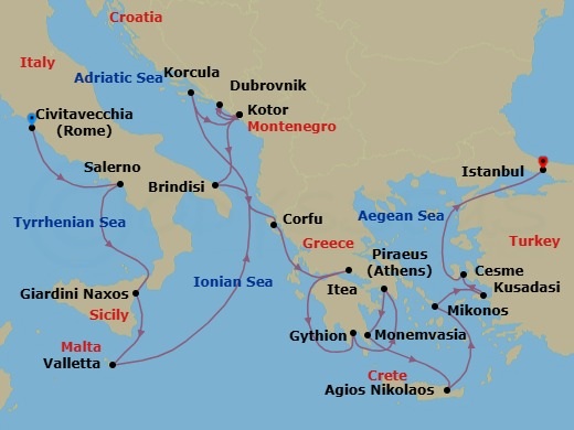 21 Night - Mediterranean Mosaic : Croatia, Greece & Ephesus - Seabourn Ovation - Starting in Civitavecchia (Rome), Italy, Salerno, Italy, Giardini Naxos (Taormina), Italy, Valletta, Malta, Korcula, Croatia, Kotor, Montenegro, Dubrovnik, Croatia, Kotor, Montenegro, Brindisi (Lecce), Italy, Corfu, Greece, Itea (Delphi), Greece, Gythion (Sparta), Greece, Piraeus (Athens), Greece, Monemvasia, Greece, Agios Nikolaos, Crete, Greece, Mykonos, Greece, Kusadasi (Ephesus), Turkey, Cesme, Turkey, Istanbul, Turkey itinerary map