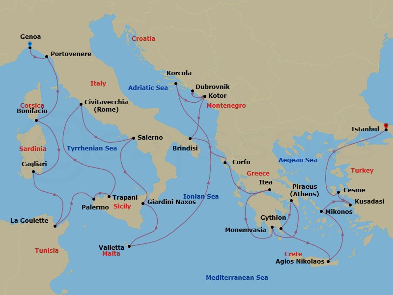 29 Night - Mediterranean Medley : Italy, Greece & Ephesus - Seabourn Ovation - Starting in Genoa, Italy, Porto Venere, Italy, Bonifacio (Corsica), France, Cagliari, Sardinia, Italy, La Goulette (Tunis), Tunisia, Trapani, Italy, Palermo, Sicily, Italy, Civitavecchia (Rome), Italy, Salerno, Italy, Giardini Naxos (Taormina), Italy, Valletta, Malta, Korcula, Croatia, Kotor, Montenegro, Dubrovnik, Croatia, Kotor, Montenegro, Brindisi (Lecce), Italy, Corfu, Greece, Itea (Delphi), Greece, Gythion (Sparta), Greece, Piraeus (Athens), Greece, Monemvasia, Greece, Agios Nikolaos, Crete, Greece, Mykonos, Greece, Kusadasi (Ephesus), Turkey, Cesme, Turkey, Istanbul, Turkey itinerary map