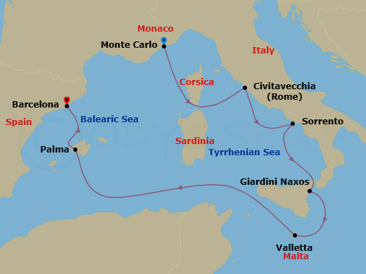 12 Night - An Extended Journey to Mediterranean Elegance : from F1 Race Weekend to Calming Scenic Shores - EXPLORA I - Starting in Monte Carlo, Civitavecchia (Rome), Sorrento, Giardini Naxos, La Valletta, Palma De Mallorca, Barcelona itinerary map
