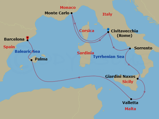 13 Night - An Extended Journey to Mediterranean Icons and Formula 1 Celebrations - EXPLORA I - Starting in Civitavecchia (Rome), Monte Carlo, Civitavecchia (Rome), Sorrento, Giardini Naxos, La Valletta, Palma De Mallorca, Barcelona itinerary map