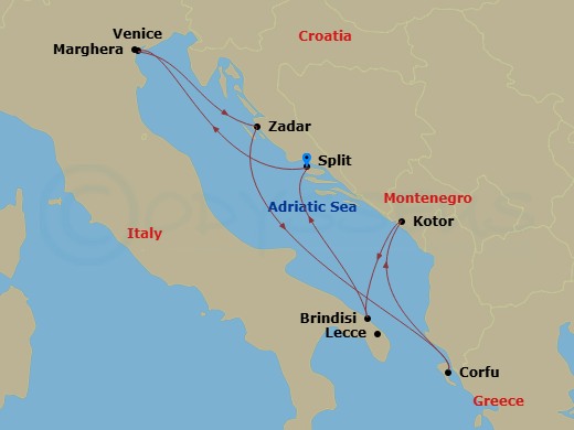 7 Night - Mediterranean - MSC Armonia - Starting in Split, Croatia, Venice / Marghera, Italy, Zadar, Croatia, Corfu, Greece, Kotor, Montenegro, Brindisi (Lecce), Italy, Split, Croatia itinerary map