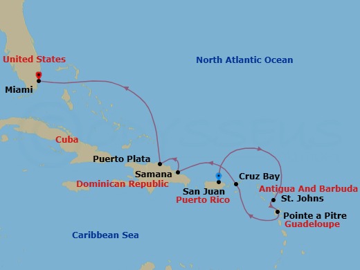 8 Night - A Journey of Spectacular Festivities & Caribbean Wonders - EXPLORA III - Starting in San Juan, St Johns AG, Antigua, Pointe-a-Pitre, St John VI (Cruz Bay), US Virgin Islands, New Year Fireworks Sju, Samana, Puerto Plata, Dominican Republic, Miami itinerary map