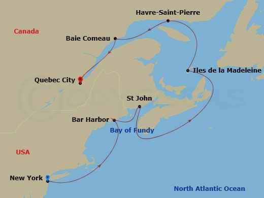 8 Night - A Journey from Urban Adventure to Tranquil Escapes - EXPLORA III - Starting in New York City, Portland ME, Saint John NB (Bay of Fundy), Iles De La Madeleine, Havre-Saint-Pierre, Baie-Comeau, Quebec City itinerary map