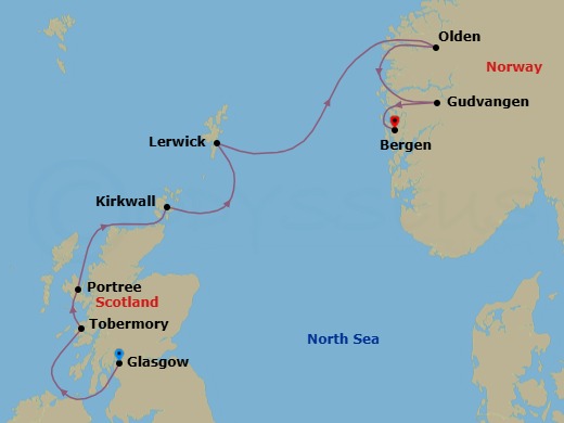 7 Night - Scottish Isles and Norwegian Fjords Voyage - with Smithsonian Journeys - Le Champlain - Starting in Glasgow, Scotland, Tobermory, Isle of Mull, Portree, Isle of Skye, Kirkwall, Orkney, Lerwick, Shetland Islands, Olden, Gudvangen, Bergen itinerary map
