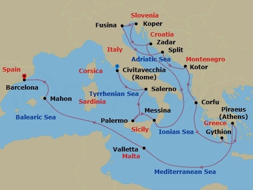 17 Night - Sun, Sea & Saffron - Seven Seas Grandeur - Starting in Rome (Civitavecchia), Salerno, Palermo (Sicily), Messina (Sicily), Cruising the Ionian Sea, Zadar, Koper, Venice (Fusina), Split, Kotor, Corfu, Gythion, Athens (Piraeus), Cruising the Mediterranean Sea, Valletta, Cruising the Mediterranean Sea, Mahon, Minorca, Barcelona itinerary map
