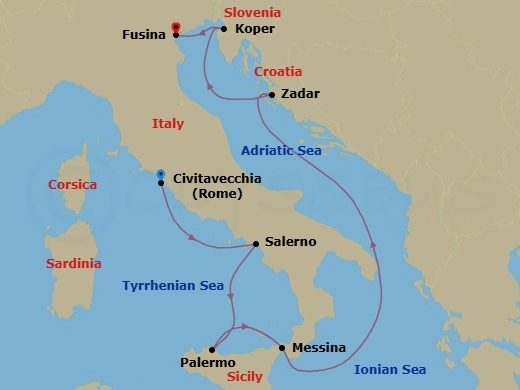 7 Night - Sicilian Rhapsody - Seven Seas Grandeur - Starting in Rome (Civitavecchia), Salerno, Palermo (Sicily), Messina (Sicily), Cruising the Ionian Sea, Zadar, Koper, Venice (Fusina) itinerary map