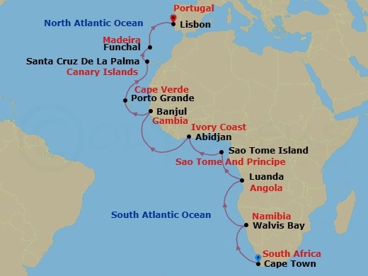 21 Night - Wilderness & Wonder - Seven Seas Explorer - Starting in Cape Town, Cruising the Atlantic Ocean, Walvis Bay, Cruising the Atlantic Ocean, Luanda, Cruising the Atlantic Ocean, Sao Tome, Cruising the Gulf of Guinea, Abidjan, Cruising the Atlantic Ocean, Banjul, Cruising the Atlantic Ocean, Mindelo (Porto Grande), Cruising the Atlantic Ocean, Santa Cruz de La Palma, Funchal (Madeira), Cruising the Atlantic Ocean, Lisbon itinerary map