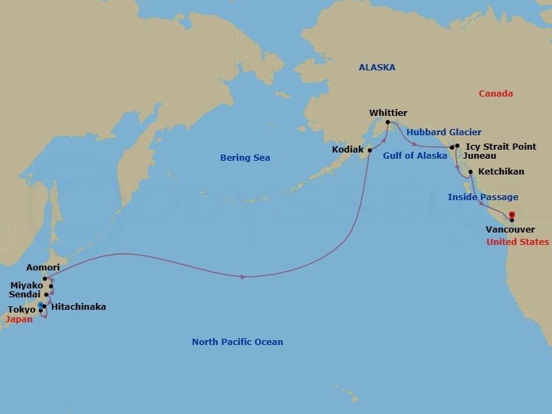 19 Night - North Pacific Crossing - Seven Seas Splendor - Starting in Tokyo, Hitachinaka, Sendai, Miyako, Aomori, Cruising the Pacific Ocean, Cross the International Date Line, Cruising the Pacific Ocean, Kodiak, Cruising the Gulf of Alaska, Anchorage (Whittier), Cruising Hubbard Glacier, Icy Strait Point, Juneau, Ketchikan, Cruising the Inside Passage, Vancouver itinerary map