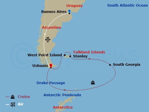 18 Night - Antarctica & South Georgia Island - Viking Polaris Tours - Starting in Buenos Aires, Ushuaia, Sail the Drake Passage, Antarctica, Sail the South Atlantic Ocean, South Georgia, Sail the South Atlantic Ocean, Port Stanley, Falkland Islands, West Point Island, Sail the South Atlantic Ocean, Ushuaia itinerary map
