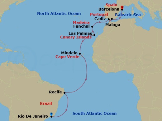 17 Night - Europe from Rio De Janeiro to Barcelona - Costa Serena - Starting in Rio de Janeiro, Brazil, Recife, Brazil, Mindelo / Sao Vicente, Las Palmas, Canary Islands, Funchal (Madeira), Cadiz, Spain, Malaga, Spain, Barcelona, Spain itinerary map