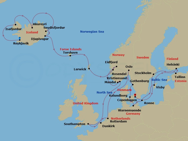 26 Night - Nautical Northern Europe - Oceania Insignia - Starting in Reykjavik, Isafjordur, Akureyri, Seydisfjordur, Djupivogur, Torshavn, Faroe Islands, Lerwick (Shetland Islands), Rosendal, Eidfjord, Mandal, Kristiansand, London (Southampton), Dunkirk, Rotterdam, Oslo, Gothenburg, Kalundborg, Berlin (Warnemunde), Ronne (Bornholm), Visby, Sweden, Helsinki, Tallinn, Stockholm, Copenhagen itinerary map