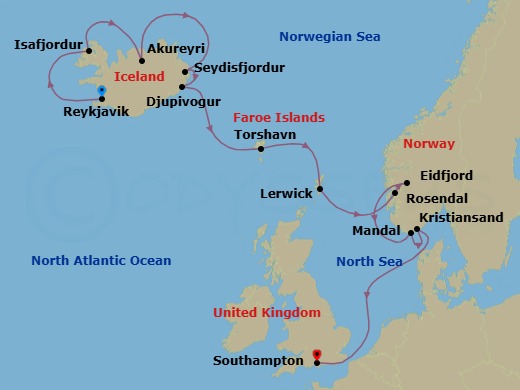 12 Night - From Glaciers to Glens - Oceania Insignia - Starting in Reykjavik, Isafjordur, Akureyri, Seydisfjordur, Djupivogur, Torshavn, Faroe Islands, Lerwick (Shetland Islands), Rosendal, Eidfjord, Mandal, Kristiansand, London (Southampton) itinerary map
