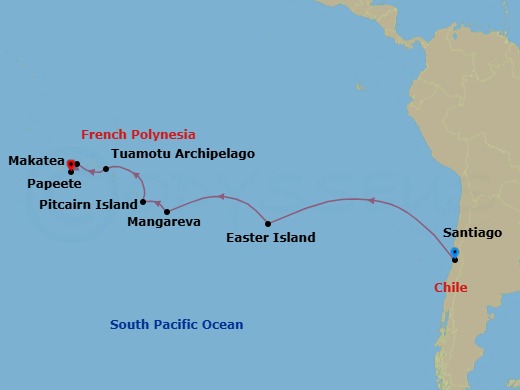 17 Night - Easter Island to Tahiti : Tales of the Pacific - National Geographic Resolution - Starting in Santiago, Chile / Easter Island (Rapa Nui) / Embark Ship, Pitcairn Islands, British Overseas Territory, At Sea / Mangareva, At Sea / Tuamotu Archipelago, Makatea, Papeete, Tahiti, French Polynesia / Disembark Ship itinerary map